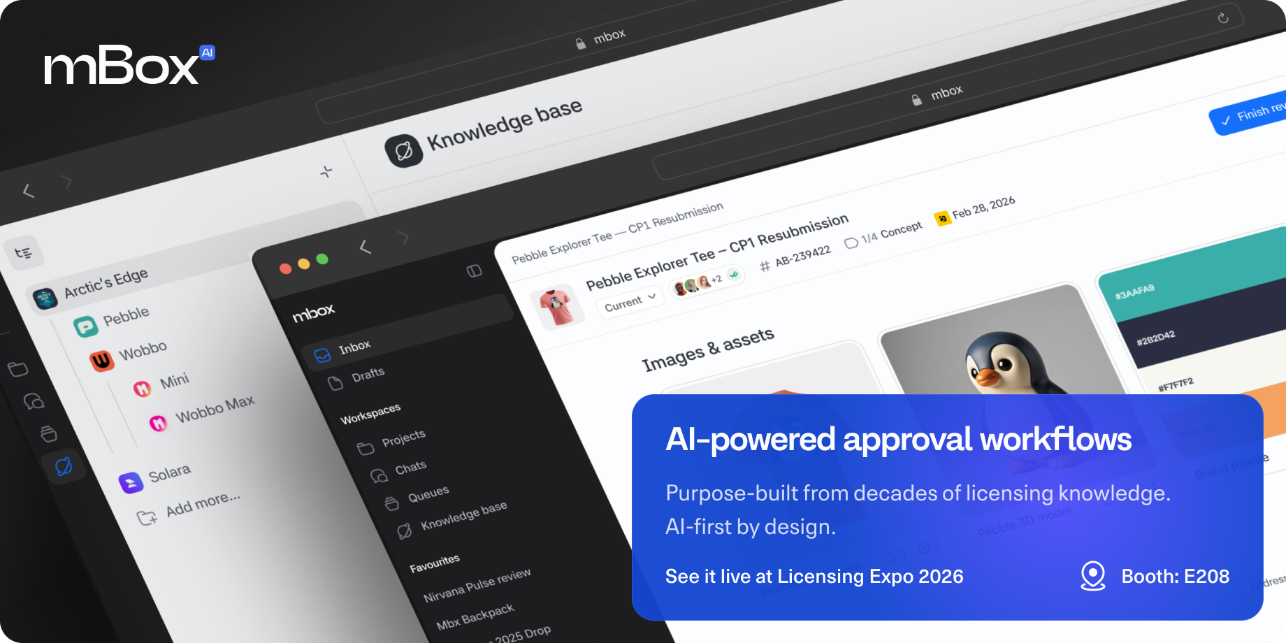 mBox AI interface showing an approval workflow for a Pebble Explorer Tee resubmission, with a knowledge base panel, workspace navigation, and product imagery. Overlaid text reads "AI-powered approval workflows. Purpose-built from decades of licensing knowledge. AI-first by design. See it live at Licensing Expo 2026, Booth: E208."