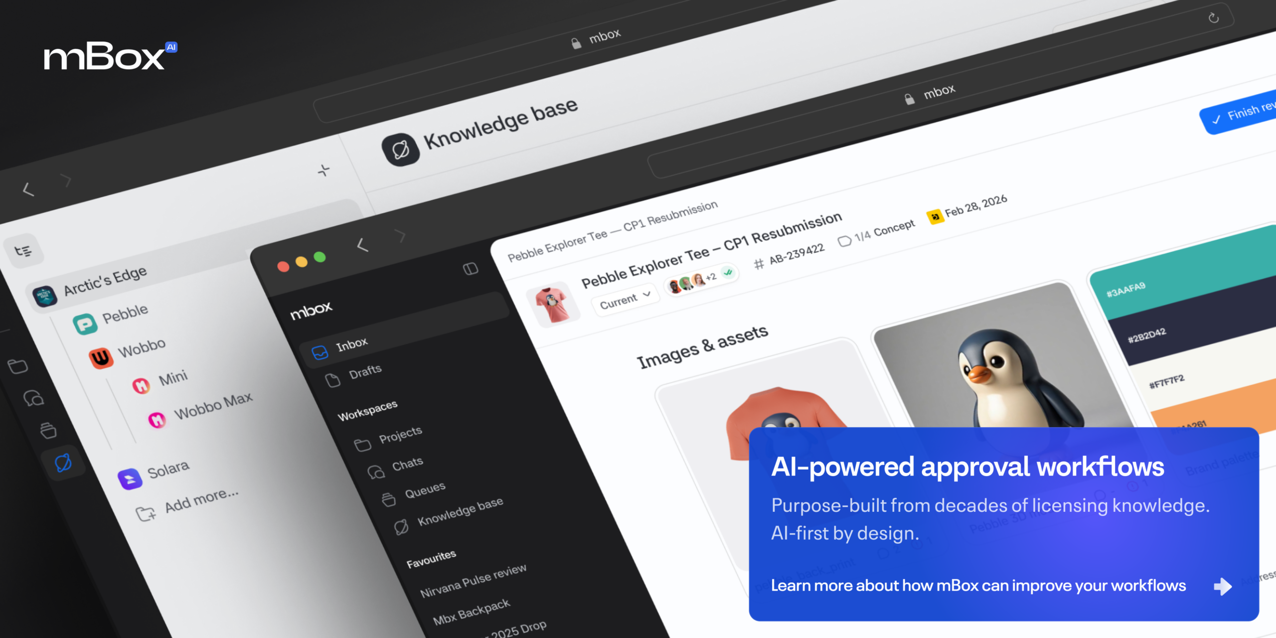 mBox AI product interface showing an AI-powered product approval workflow, with a licensed apparel design under review alongside its brand color palette.