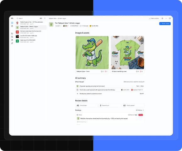 Centralize your brand knowledge-image mBox review screen for a 'Ballpark Gator' athletic jogger submission, showing product images, an AI change summary, and review details with checks passed and failed.