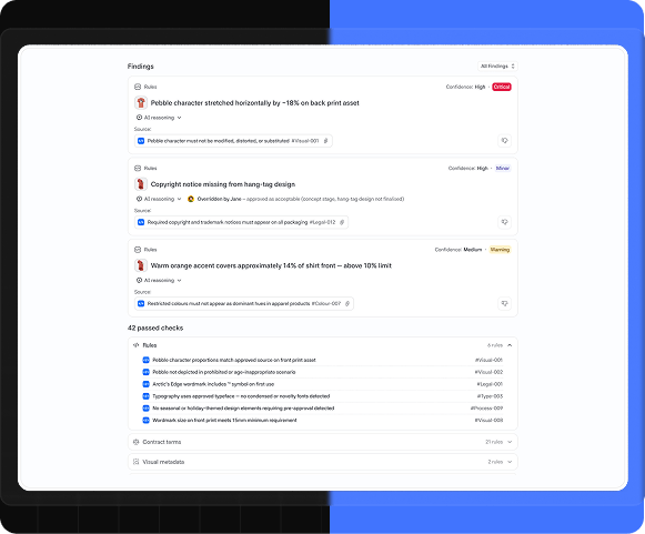 Everything you need to decide, in one place-image mBox findings panel listing rule violations by confidence and severity, including a critical stretched-character issue and a missing copyright notice, alongside a list of passed checks.
