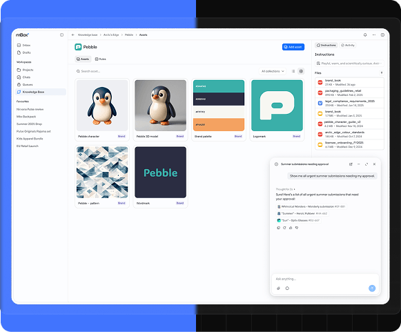 Start every review informed, not from scratch-image mBox Knowledge Base view of the Pebble project's asset library with brand files and instructions, plus a chat panel answering a query about urgent summer submissions.
