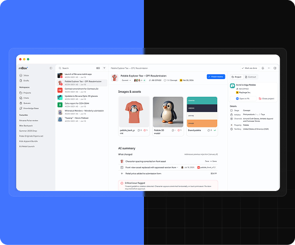 Talk to your licensing data-image mBox review screen for a Pebble Explorer Tee submission, showing product assets, contract and territory details, and an AI summary flagging a critical brand violation.
