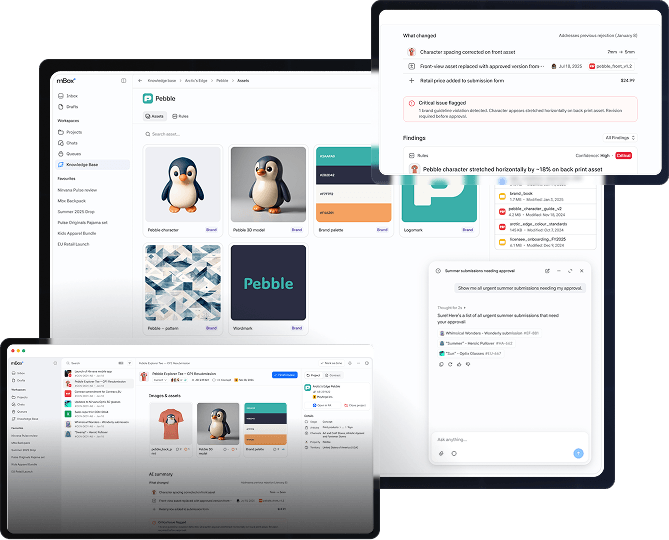 mBox-Header-Hero-Image-V3 mBox interface showing the Pebble project's asset library with penguin character renders and brand assets, an AI-generated change summary flagging a critical brand guideline violation, and a chat panel listing urgent summer submissions pending approval.